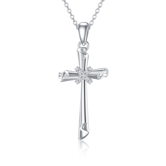 Sterling Silver 5A Grade Austria Zircon Cross Pendant Necklace