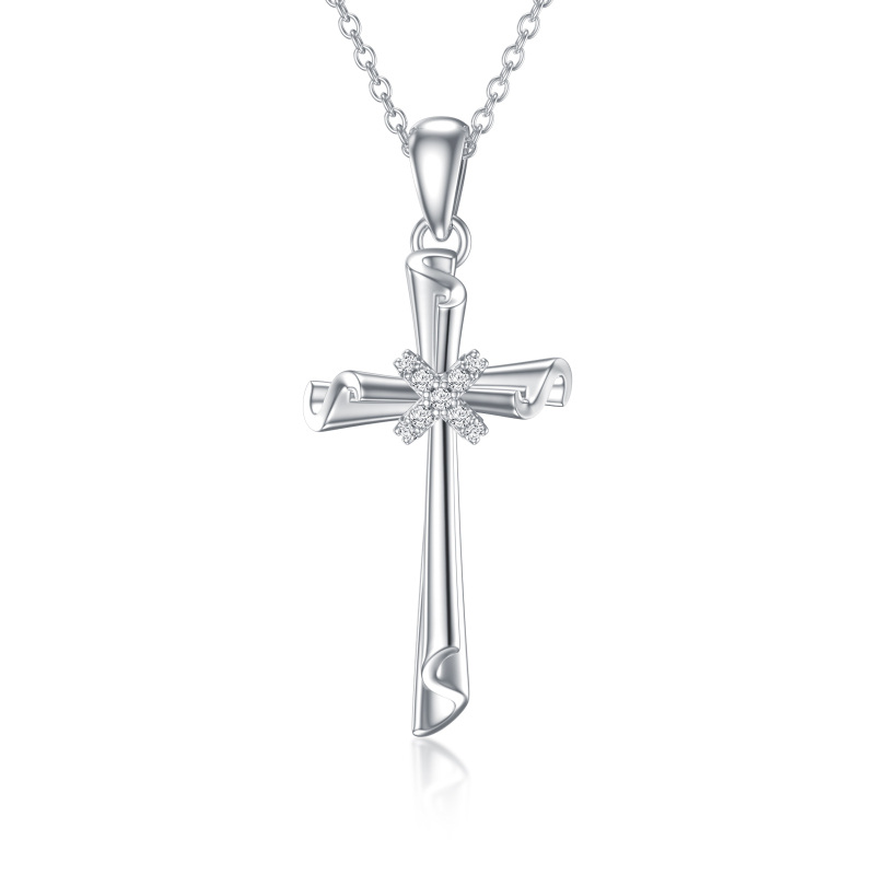 Sterling Silver 5A Grade Austria Zircon Cross Pendant Necklace-1