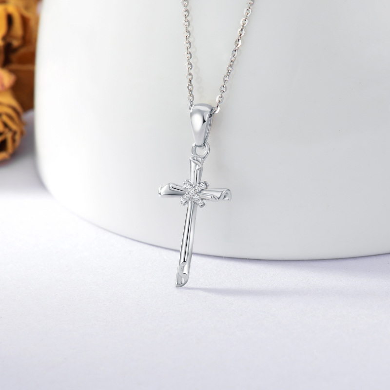 Sterling Silver 5A Grade Austria Zircon Cross Pendant Necklace-3