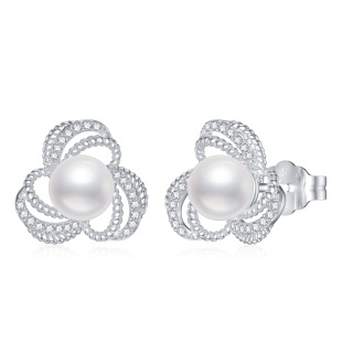 Sterling Silver Round Cubic Zirconia & Pearl Cross Knot Stud Earrings-3