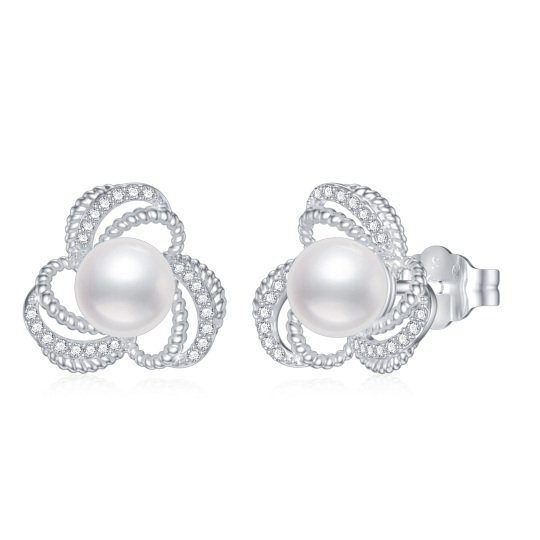 Sterling Silver Round Cubic Zirconia & Pearl Cross Knot Stud Earrings