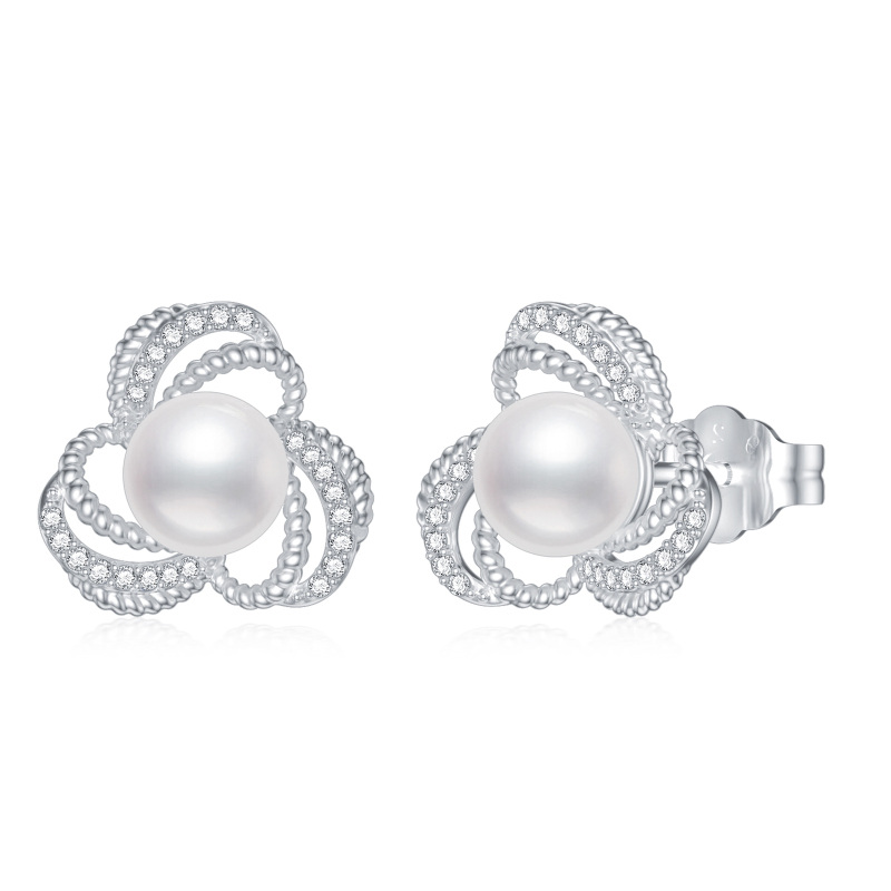 Sterling Silver Round Cubic Zirconia & Pearl Cross Knot Stud Earrings-12