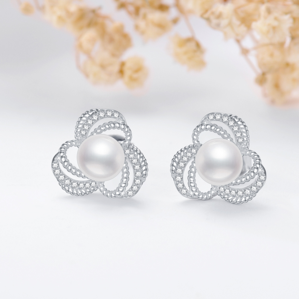 Brincos de pino de prata esterlina redondos de zircônia cúbica com pérolas e nó cruzado-3