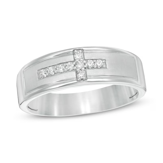 Sterling Silver 1/8 CT Diamond Sideways Cross Wedding Band for Men