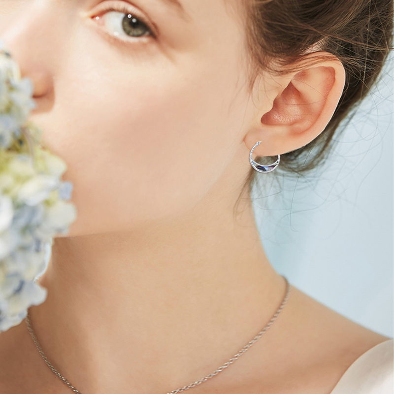 Sterling Silver Abalone Shellfish Moon Hoop Earrings-2