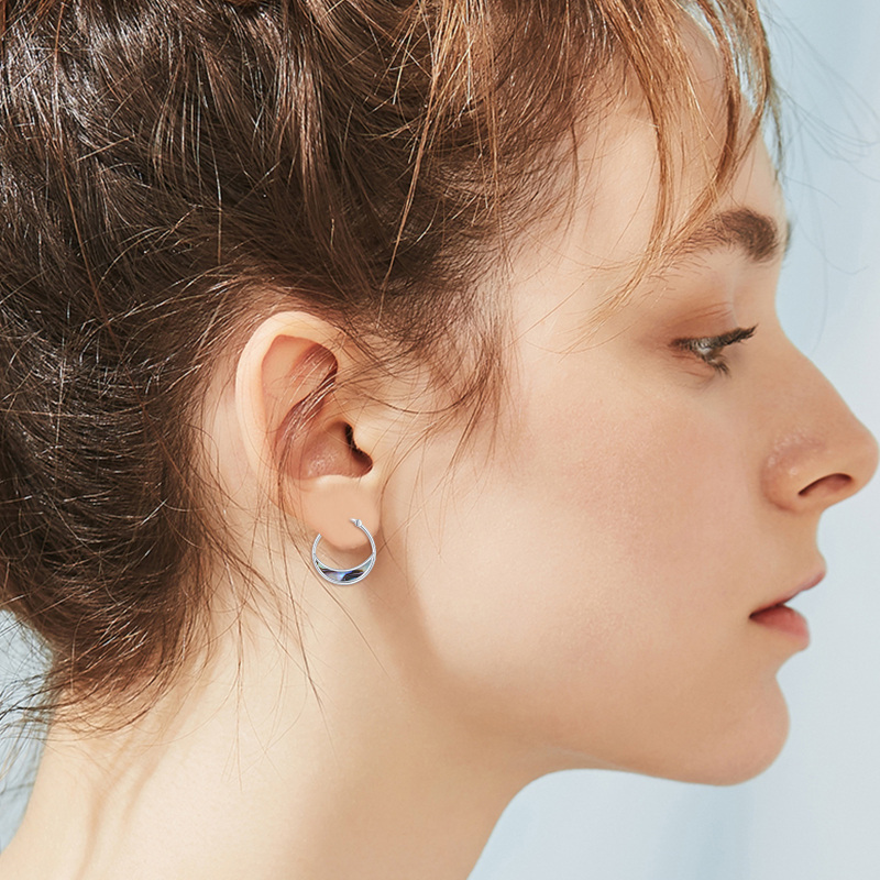 Sterling Silver Abalone Shellfish Moon Hoop Earrings-3