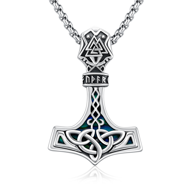 Sterling Silver Abalone Shell Thor's Hammer Pendant Necklace-3