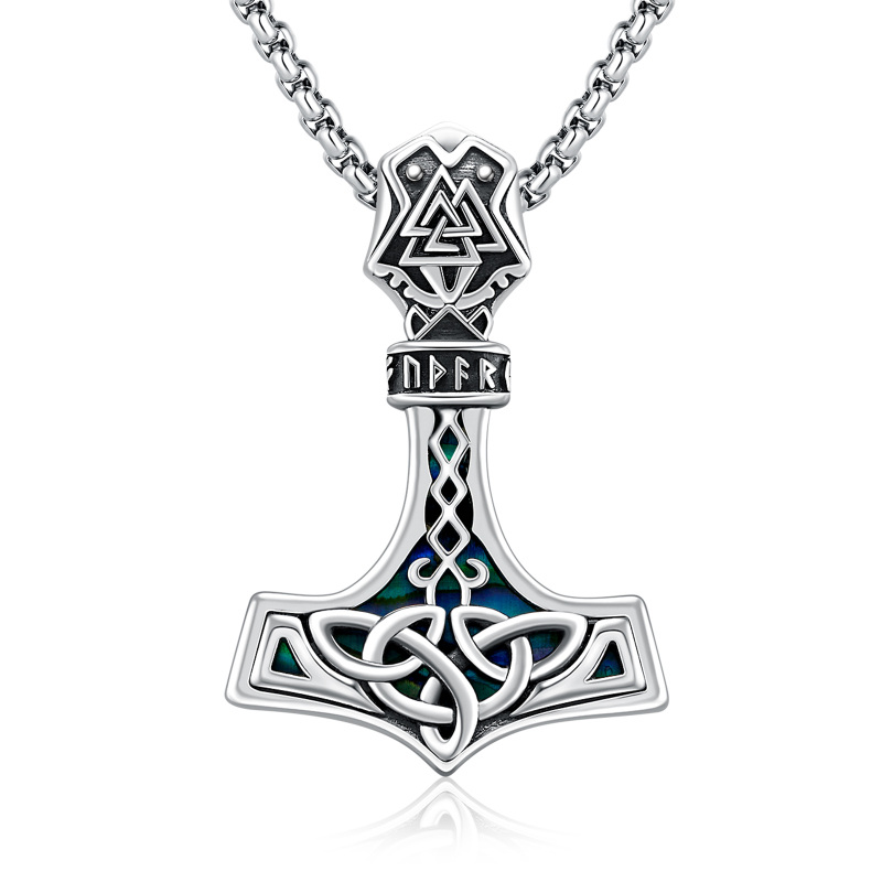 Sterling Silver Abalone Shell Thor's Hammer Pendant Necklace-19
