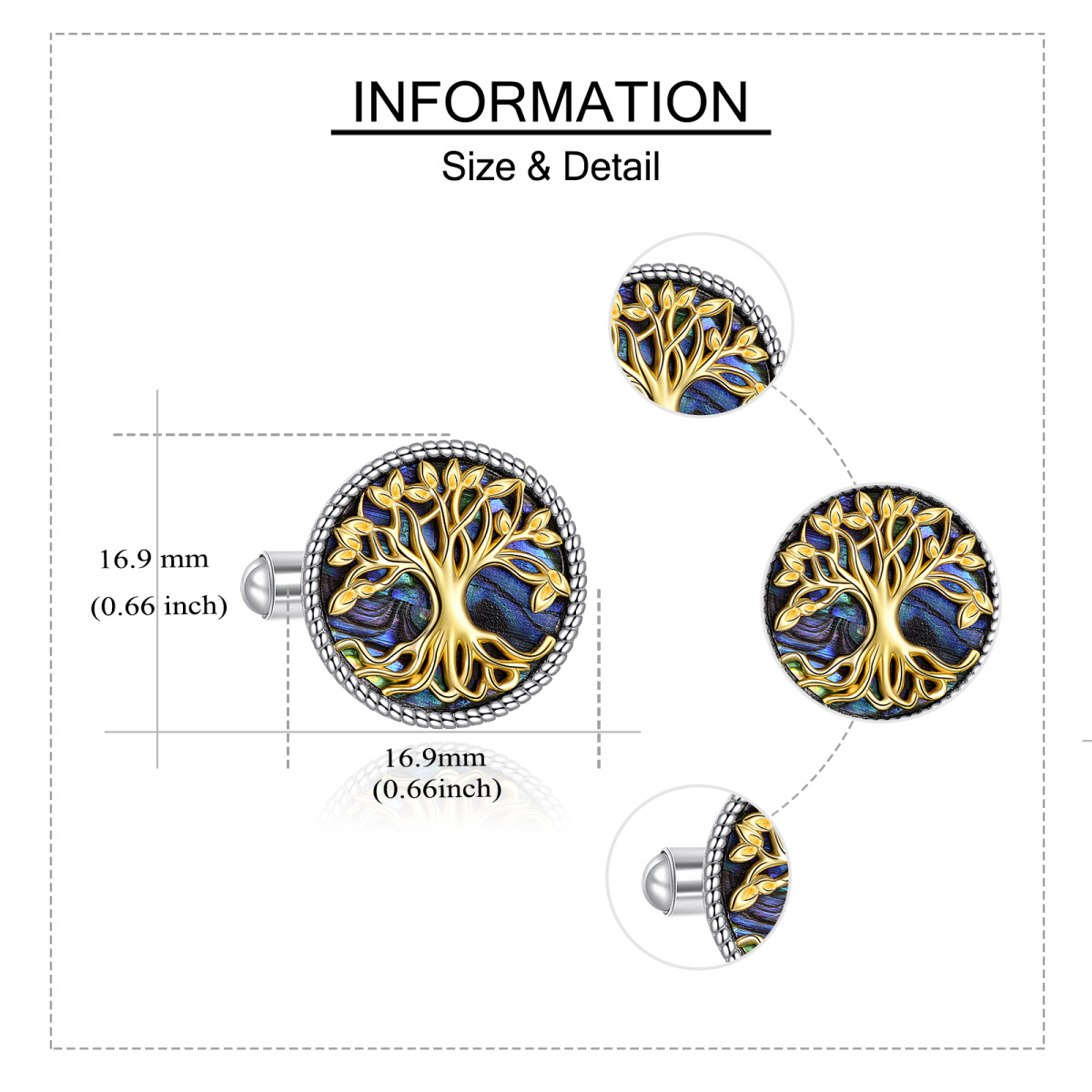 Manschettenknöpfe aus Sterlingsilber mit Lebensbaum-Motiv aus Abalone-Muschel für Herren-5