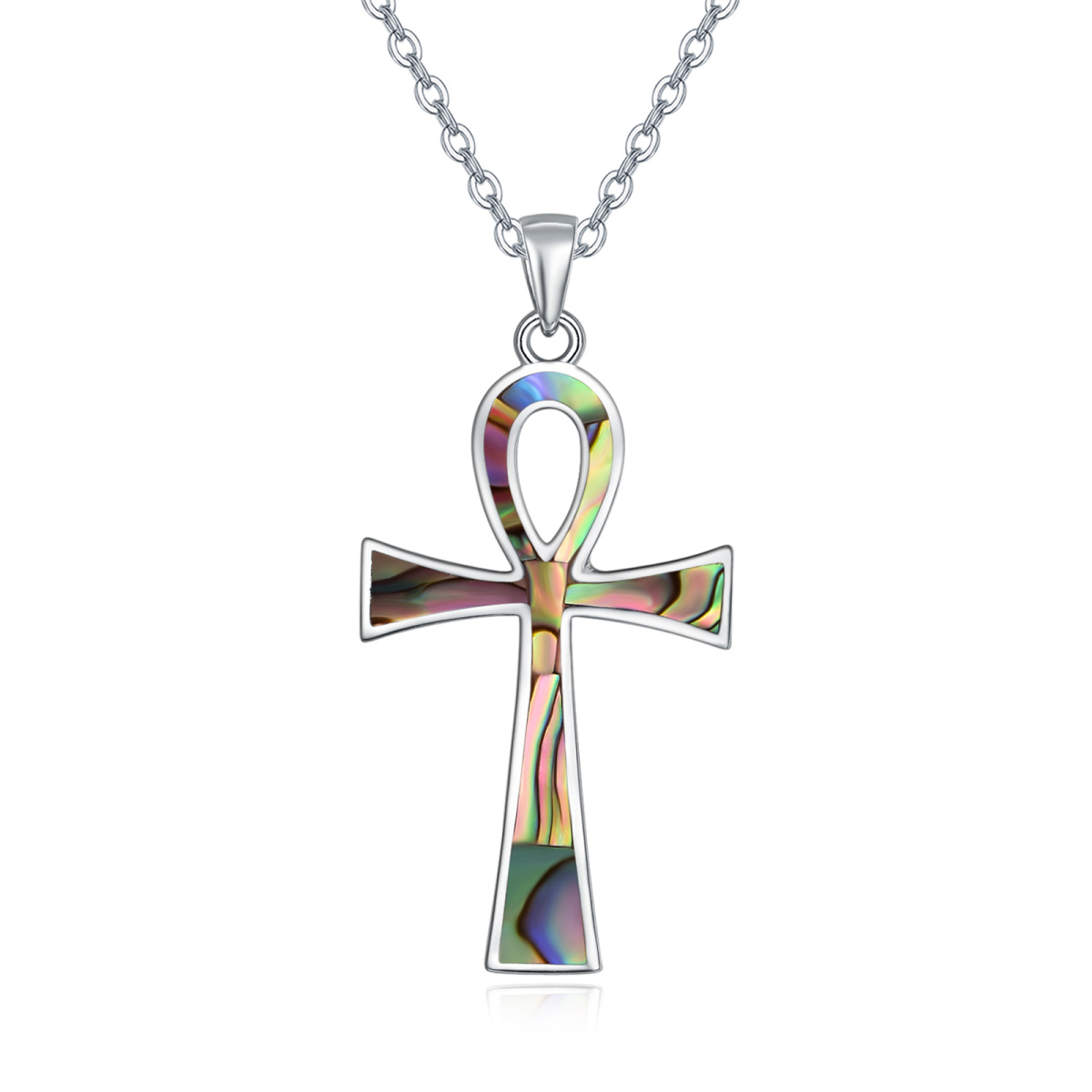 Sterling Silver Abalone Shellfish Ankh Pendant Necklace-1