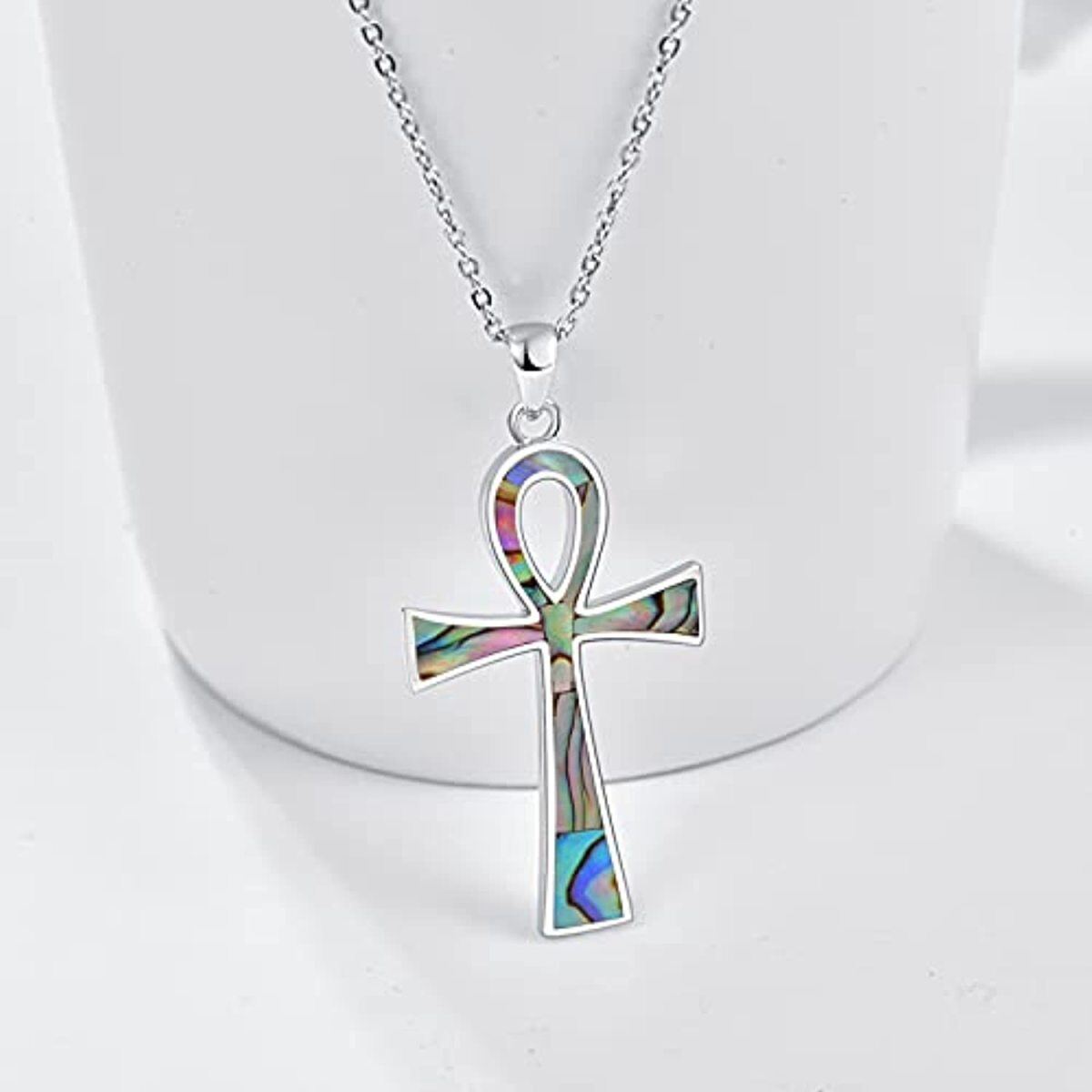 Sterling Silver Abalone Shellfish Ankh Pendant Necklace-3