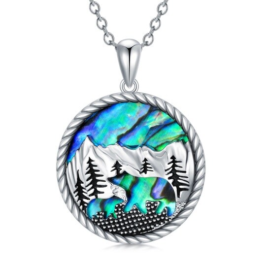 Sterling Silver Abalone Shellfish Bear & Mountains Pendant Necklace