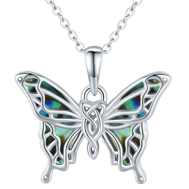 Collar con colgante de mariposa y nudo celta de plata de ley con conchas de abulón-1