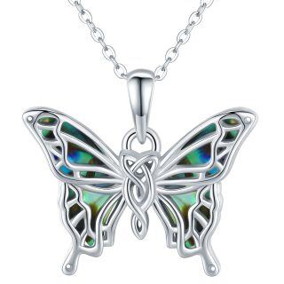 Sterling Silver Abalone Shellfish Butterfly and Celtic Knot Pendant Necklace-6