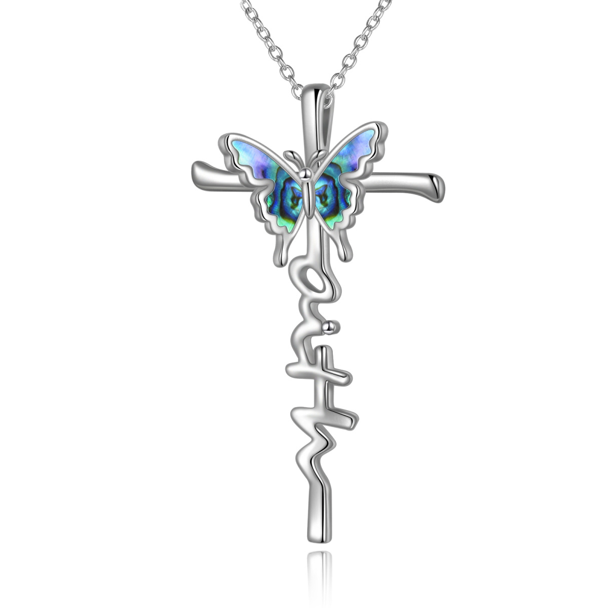 Sterling Silver Abalone Shellfish Butterfly & Cross Pendant Necklace-1