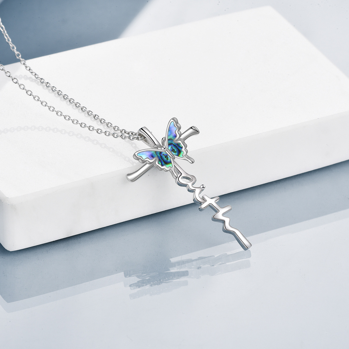 Sterling Silver Abalone Shellfish Butterfly & Cross Pendant Necklace-4