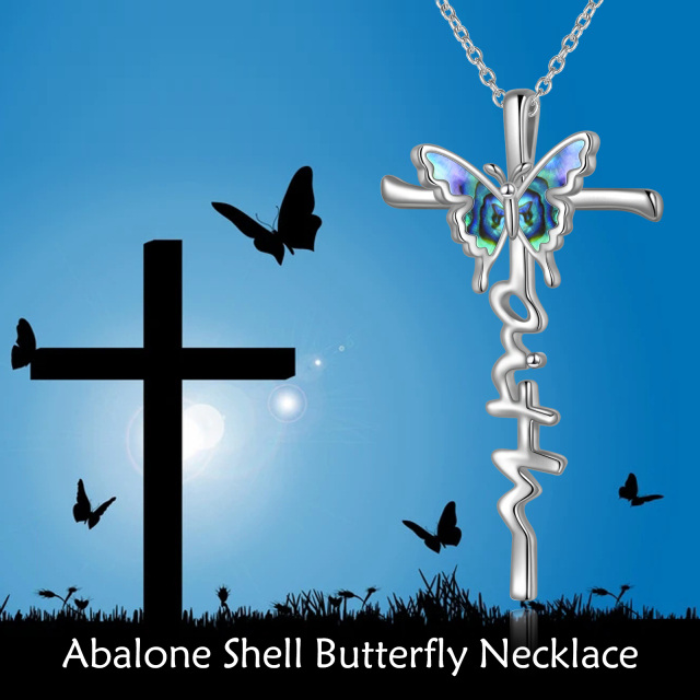 Sterling Silver Abalone Shellfish Butterfly & Cross Pendant Necklace-6