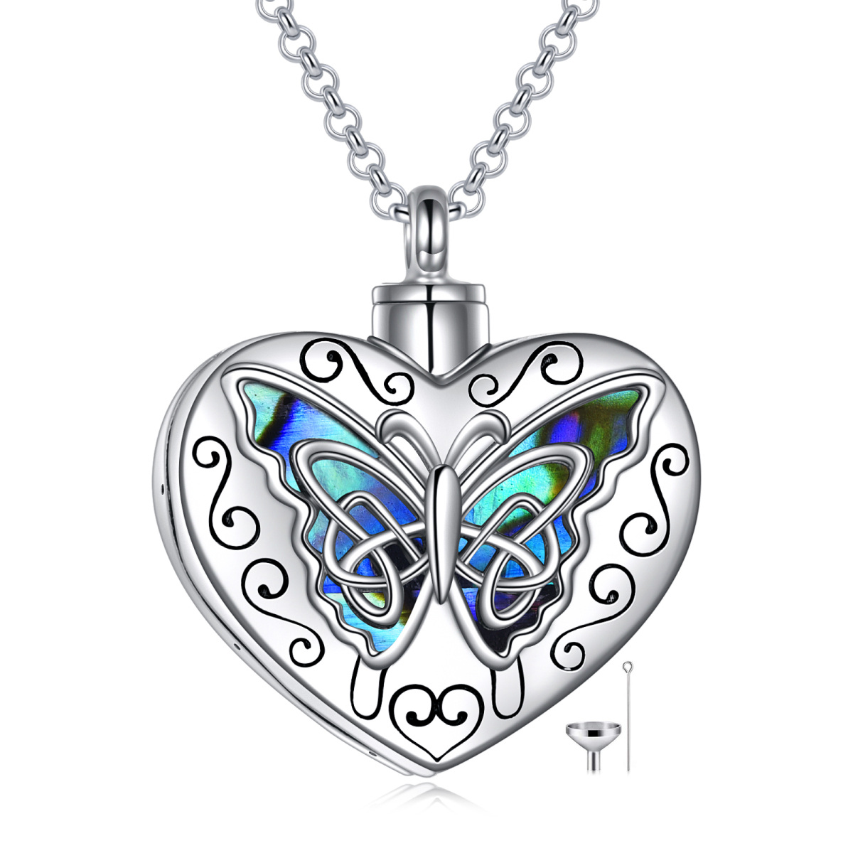 Collier en argent sterling Abalone Shellfish Butterfly & Heart Urn avec mot gravé-1