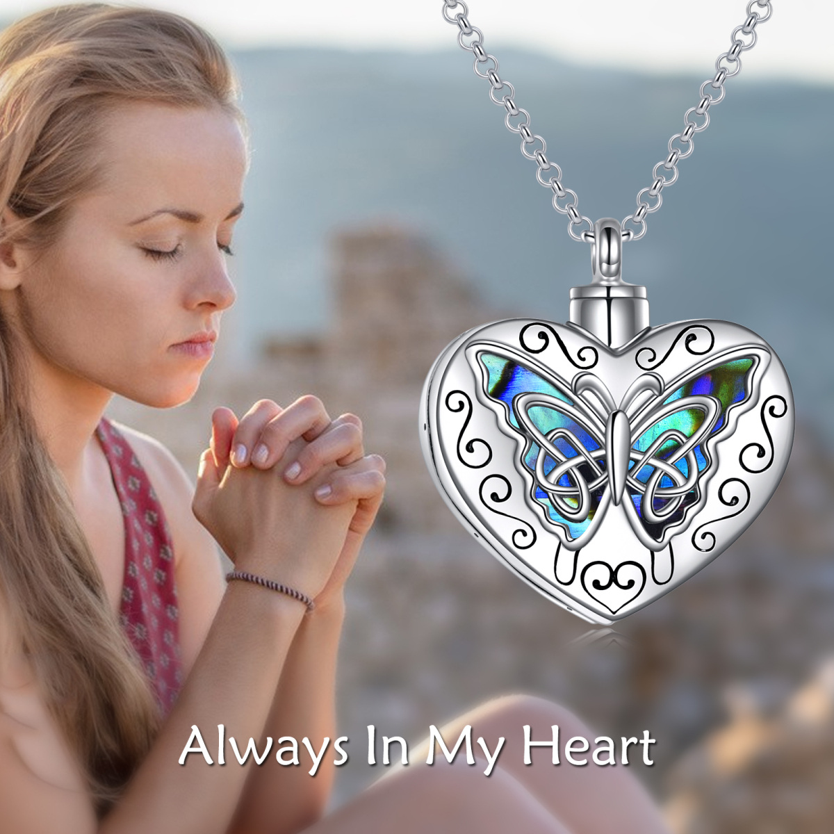 Collier en argent sterling Abalone Shellfish Butterfly & Heart Urn avec mot gravé-6