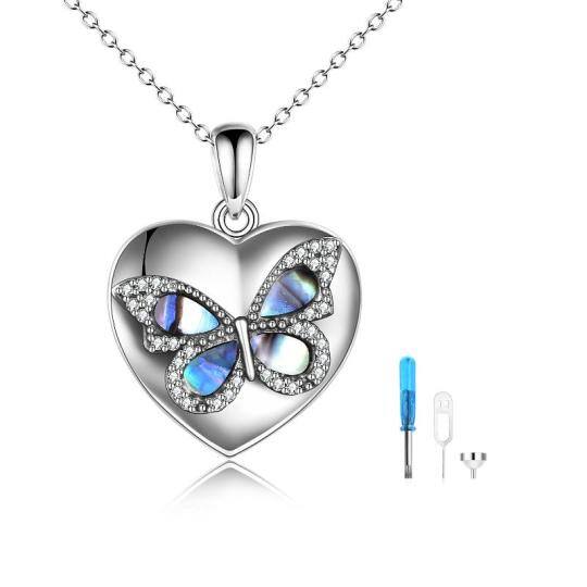 Sterling Silver Abalone Shellfish & Cubic Zirconia Butterfly & Heart Urn Necklace for Ashes with Engraved Word