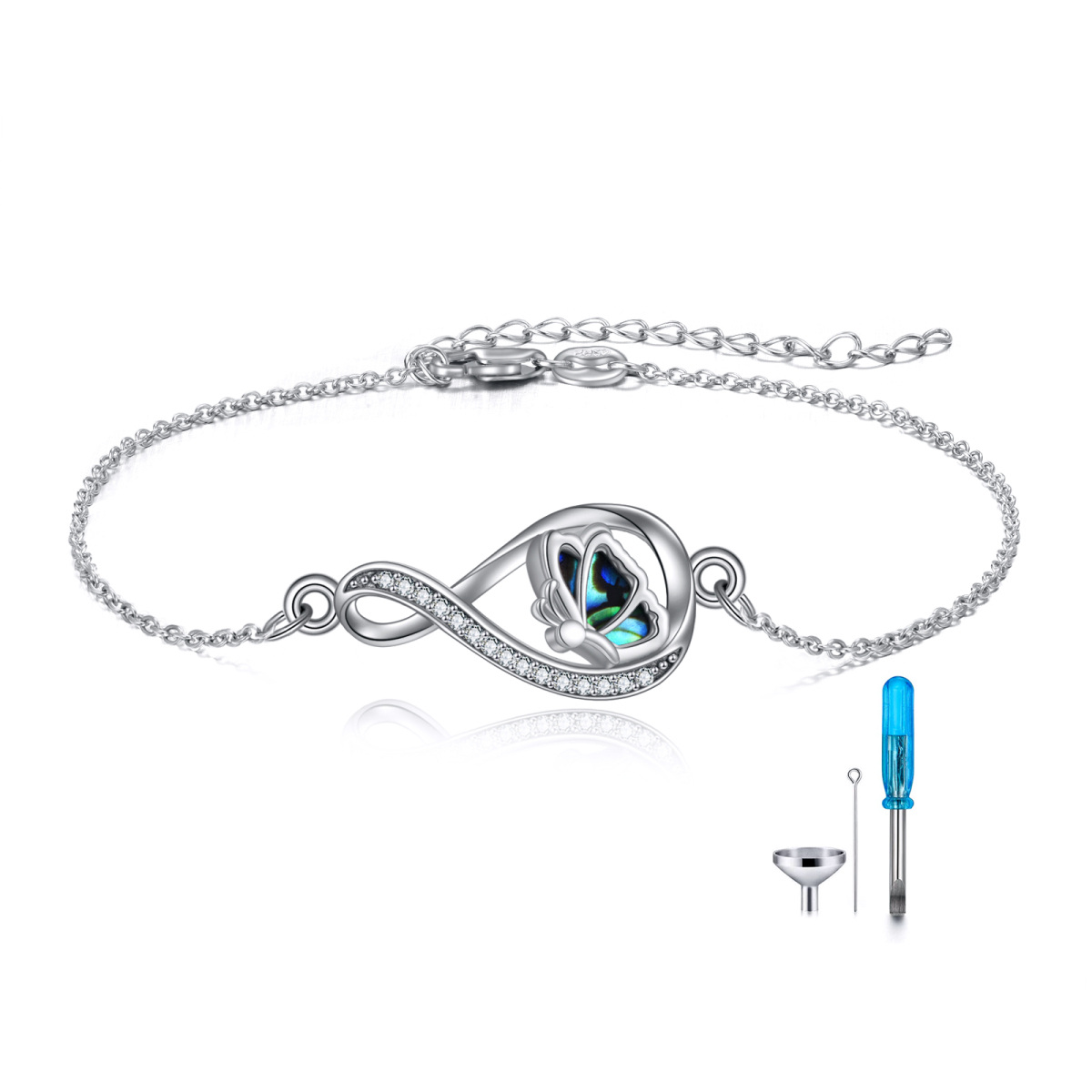 Pulsera de plata de ley Abalón Mariposa y símbolo infinito Urna para cenizas-1