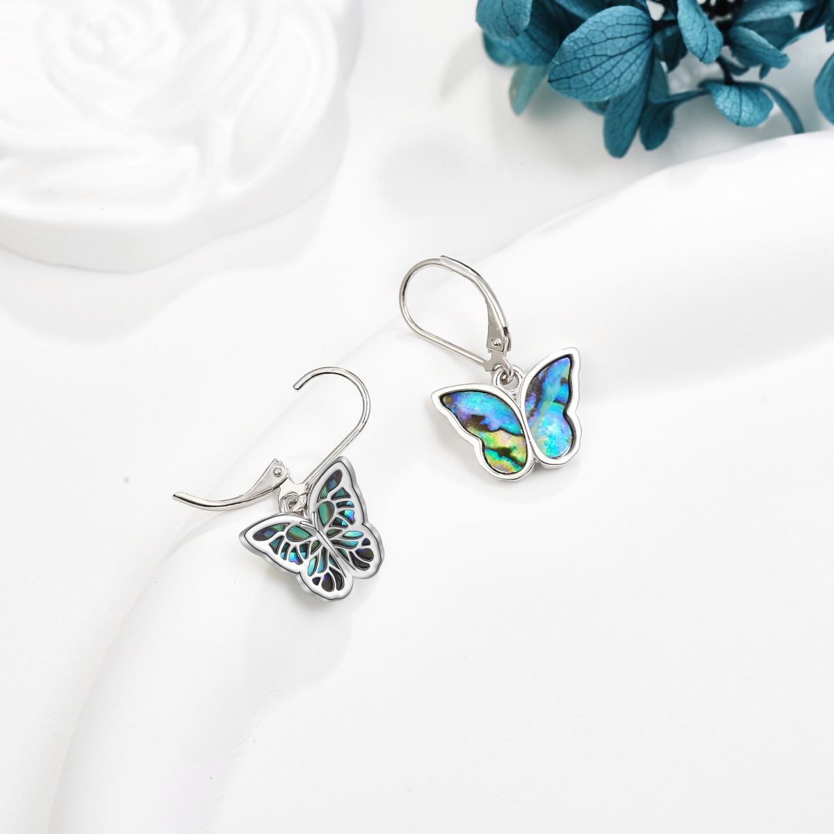 Sterling Silver Abalone Shellfish Butterfly Lever-back Earrings-3