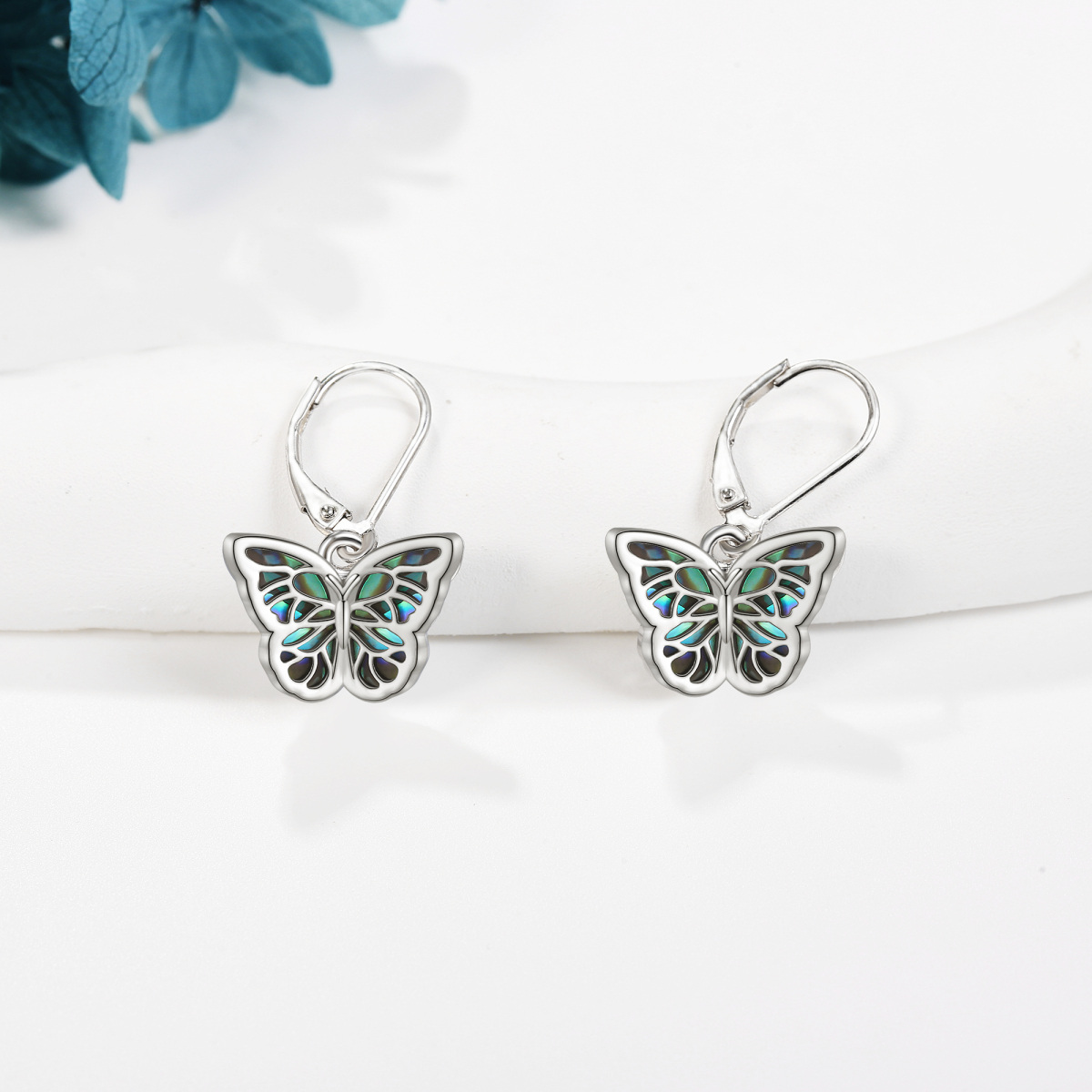 Sterling Silver Abalone Shellfish Butterfly Lever-back Earrings-4