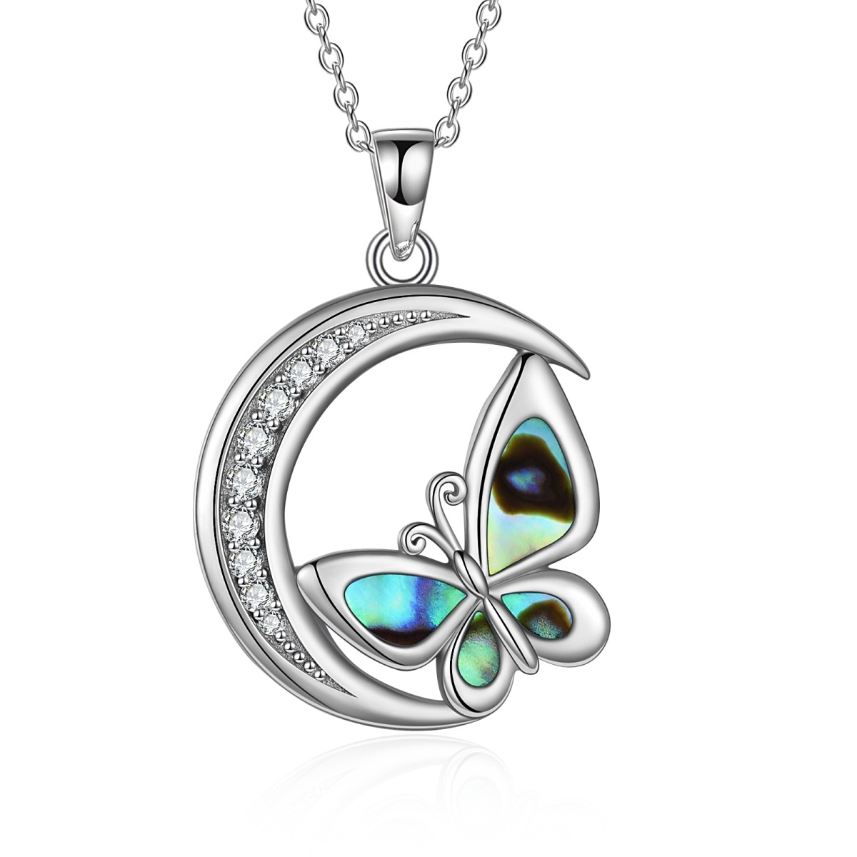 Sterling Silver Abalone Shellfish Butterfly & Moon Pendant Necklace-1