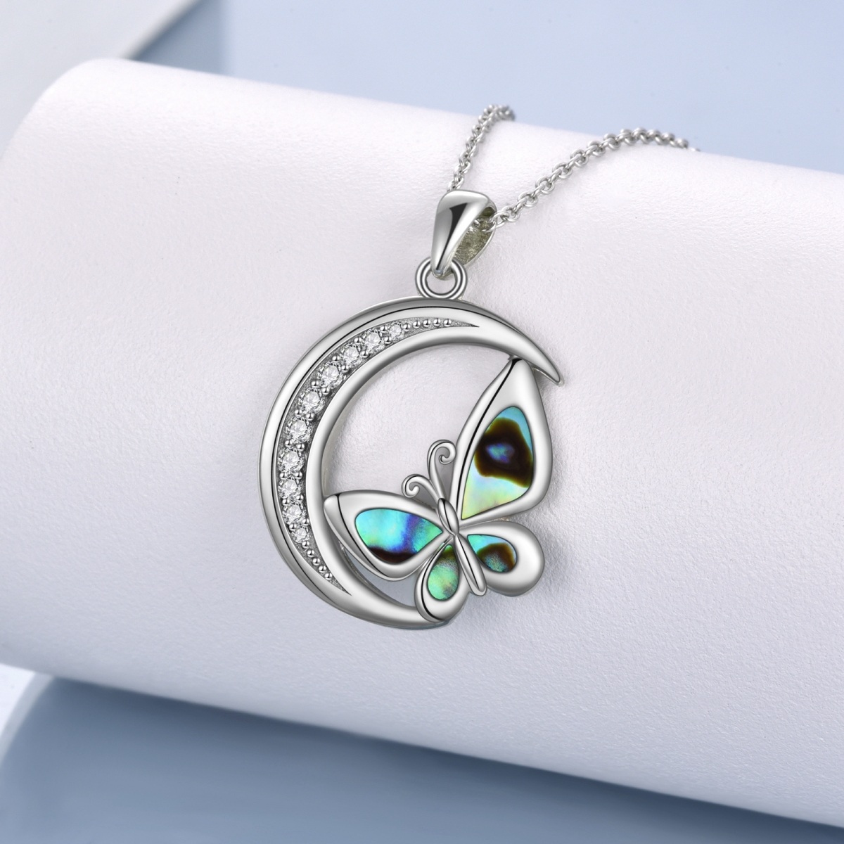 Sterling Silver Abalone Shellfish Butterfly & Moon Pendant Necklace-3