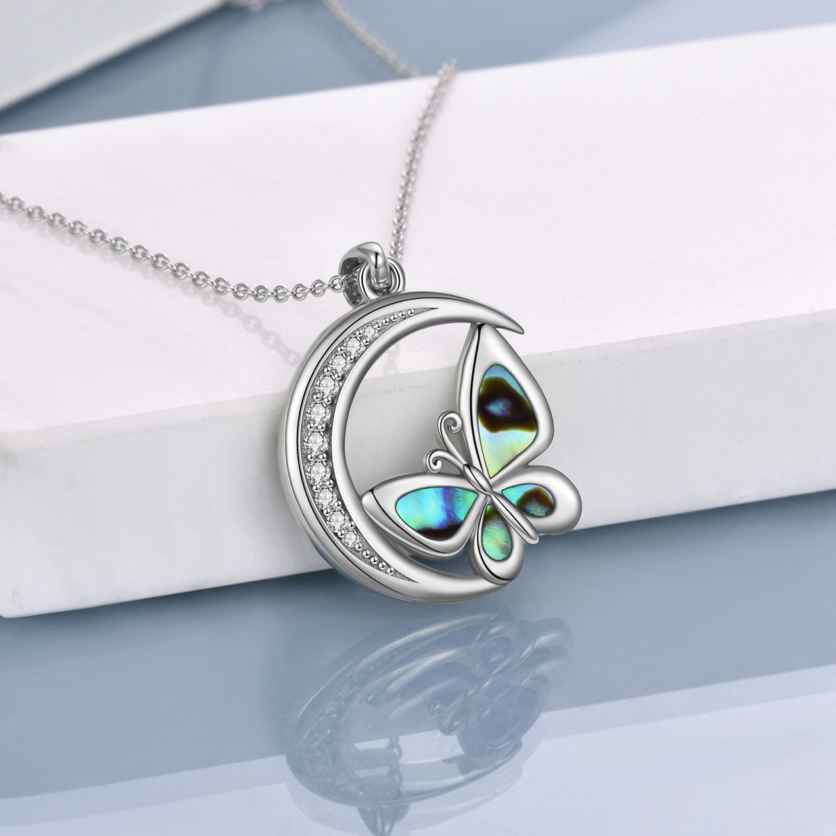 Sterling Silver Abalone Shellfish Butterfly & Moon Pendant Necklace for Women-4