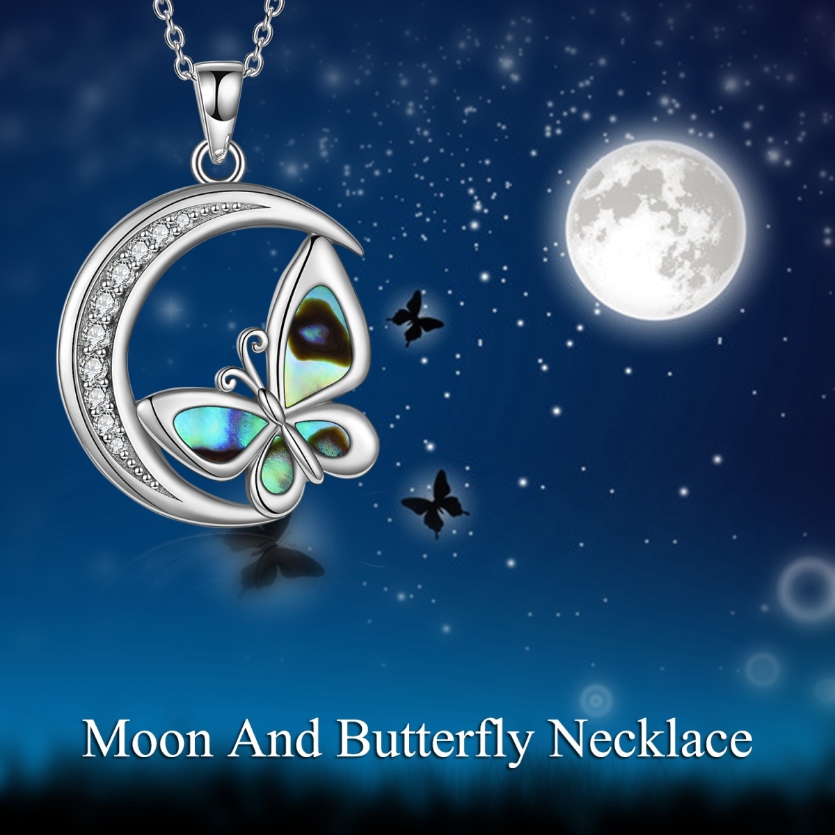 Sterling Silver Abalone Shellfish Butterfly & Moon Pendant Necklace for Women-6