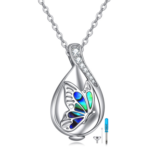 Collana con urna a forma di farfalla per le ceneri, in argento sterling, con conchiglie abalone e zirconia cubica