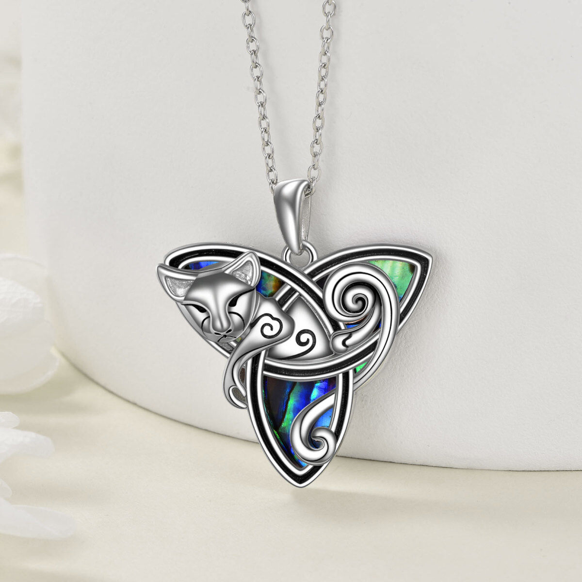 Sterling Silver Abalone Shellfish Cat & Celtic Knot Pendant Necklace-3