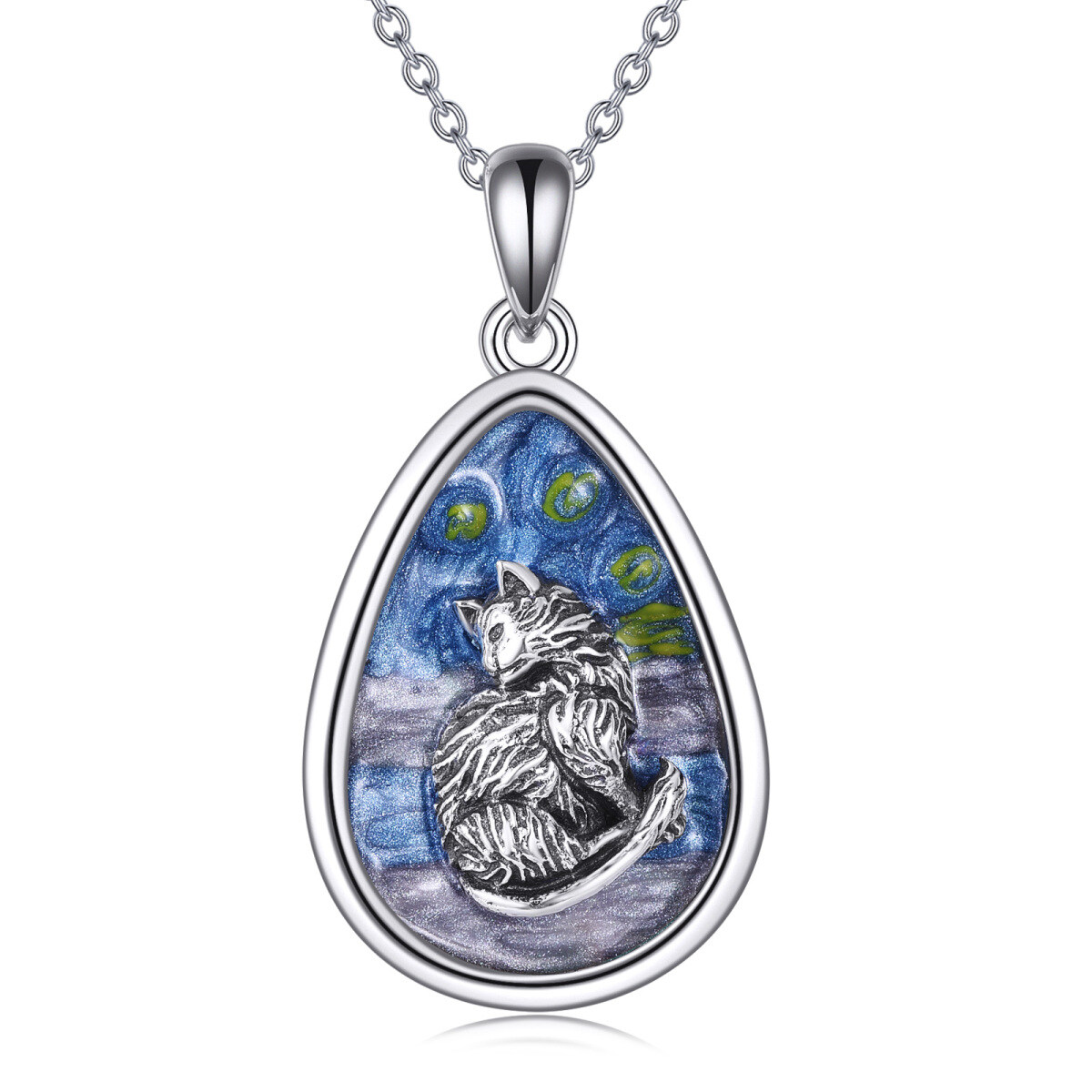 Sterling Silver Abalone Shellfish Cat & Oval Shaped Pendant Necklace-1