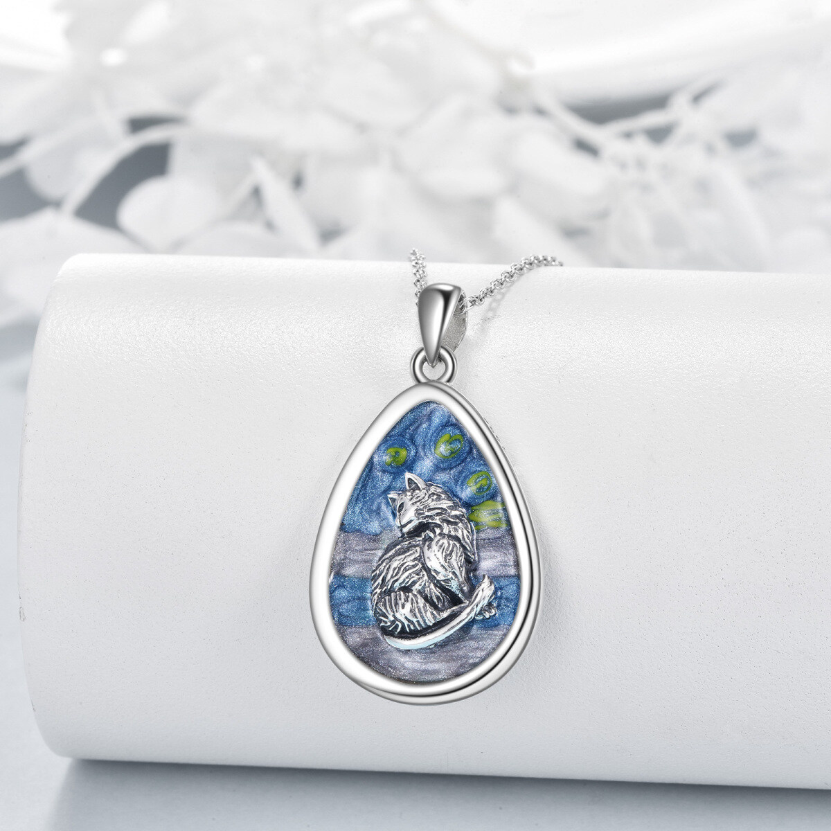 Sterling Silver Abalone Shellfish Cat & Oval Shaped Pendant Necklace-3