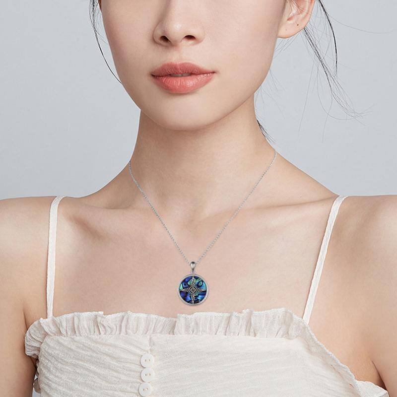 Sterling Silver Abalone Shellfish Celtic Knot & Compass Pendant Necklace-2