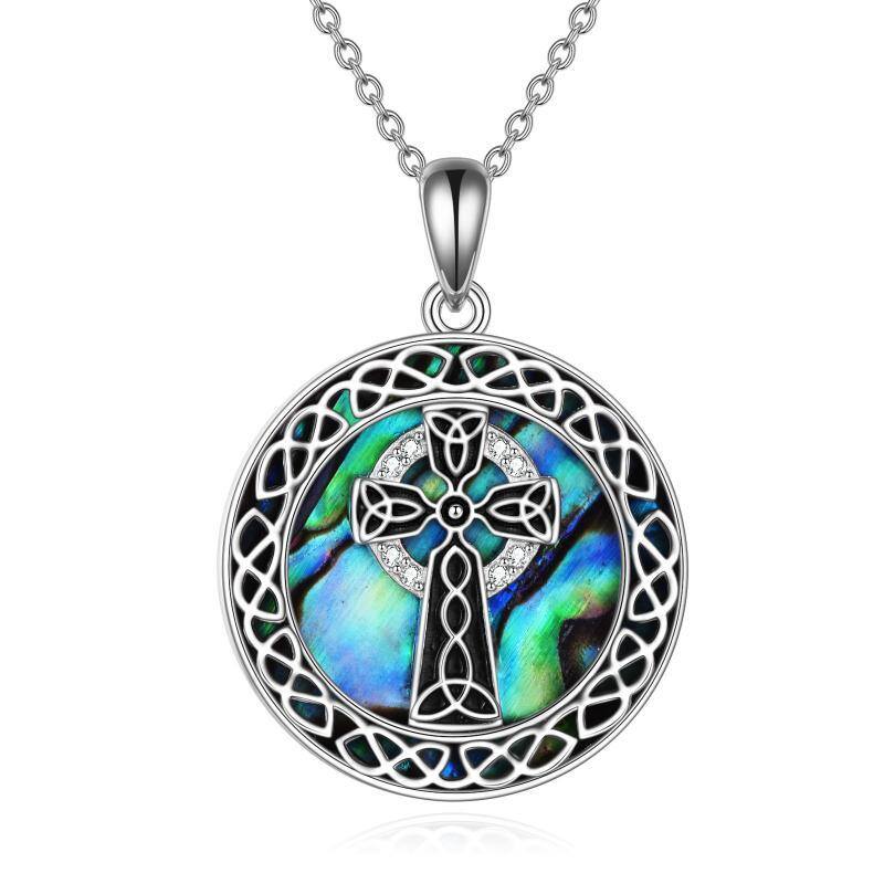 Collana con ciondolo a croce e nodo celtico in argento sterling con molluschi Abalone-1