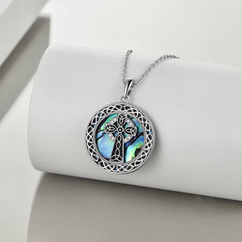 Collana con ciondolo a croce e nodo celtico in argento sterling con molluschi Abalone-3