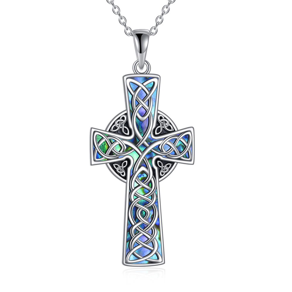 Sterling Silver Abalone Shellfish Tree Of Life With Celtic Knot Cross Pendant Necklace For Women-1