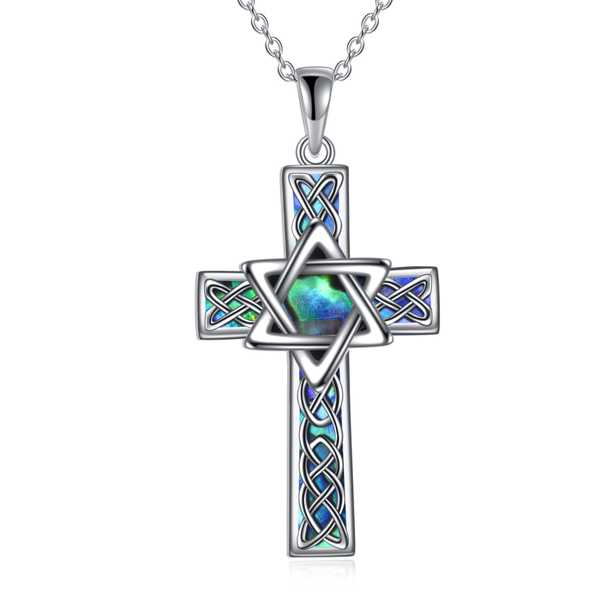 Sterling Silver Abalone Shellfish Celtic Knot & Cross & Star Of David Pendant Necklace-1