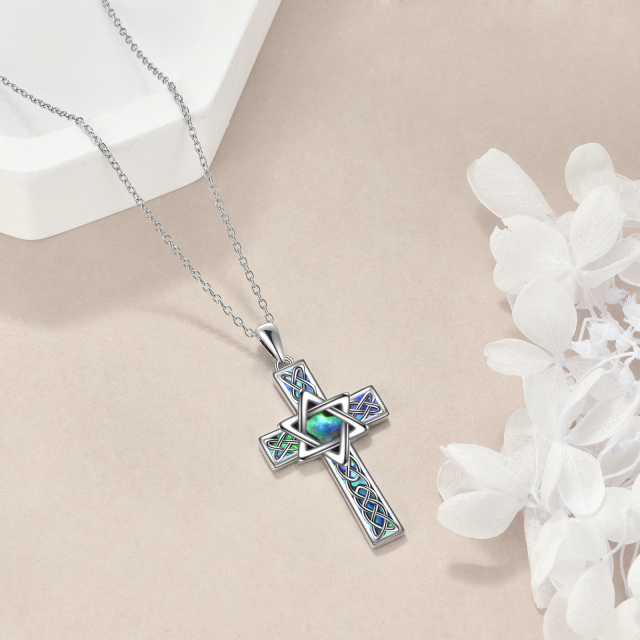 Collier en argent sterling avec pendentif Abalone Shellfish Celtic Knot & Cross & Star Of-3