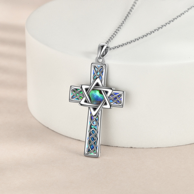 Collana con ciondolo in argento Sterling Abalone Shellfish Celtic Knot & Cross & Star Of David-4