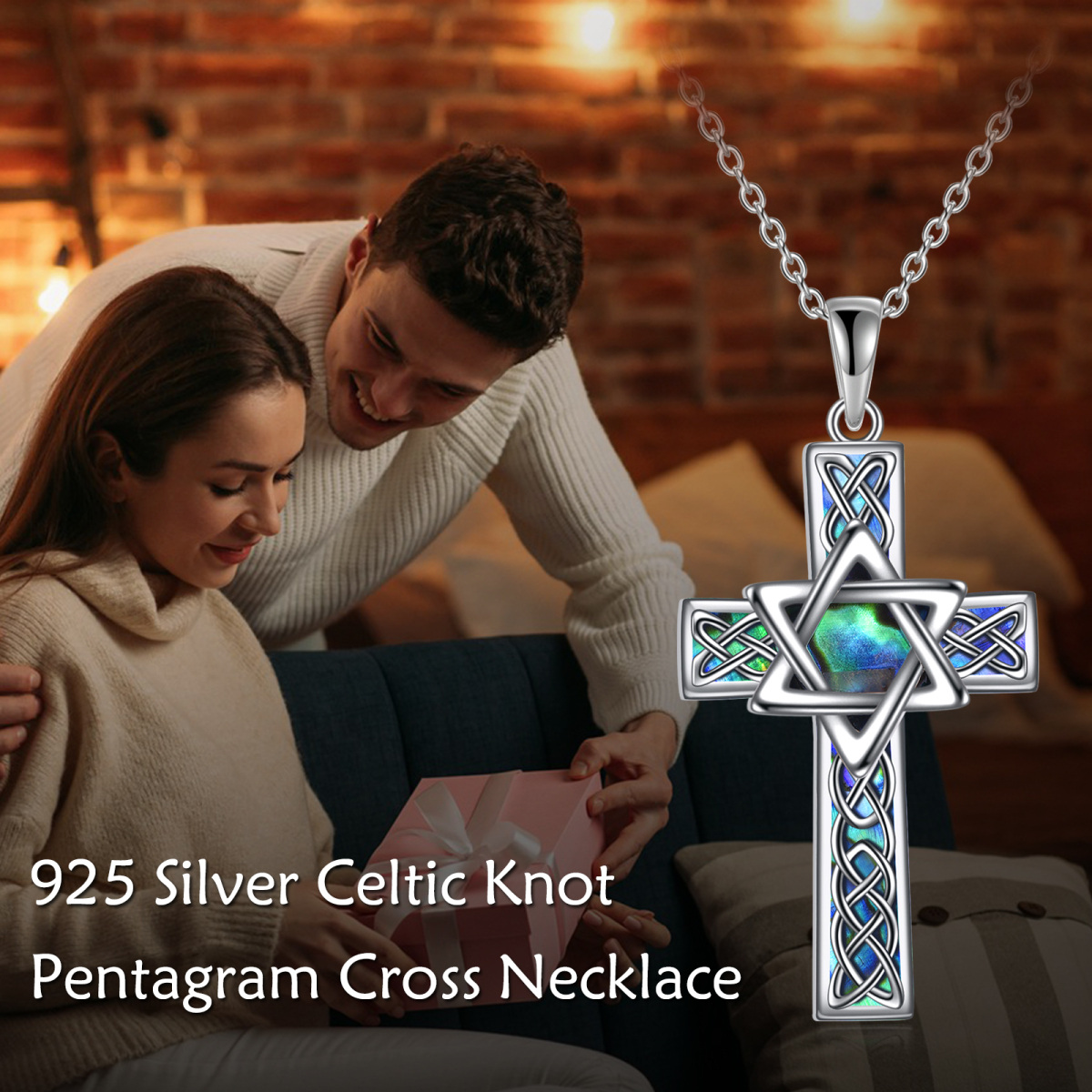 Collier en argent sterling avec pendentif Abalone Shellfish Celtic Knot & Cross & Star Of-6