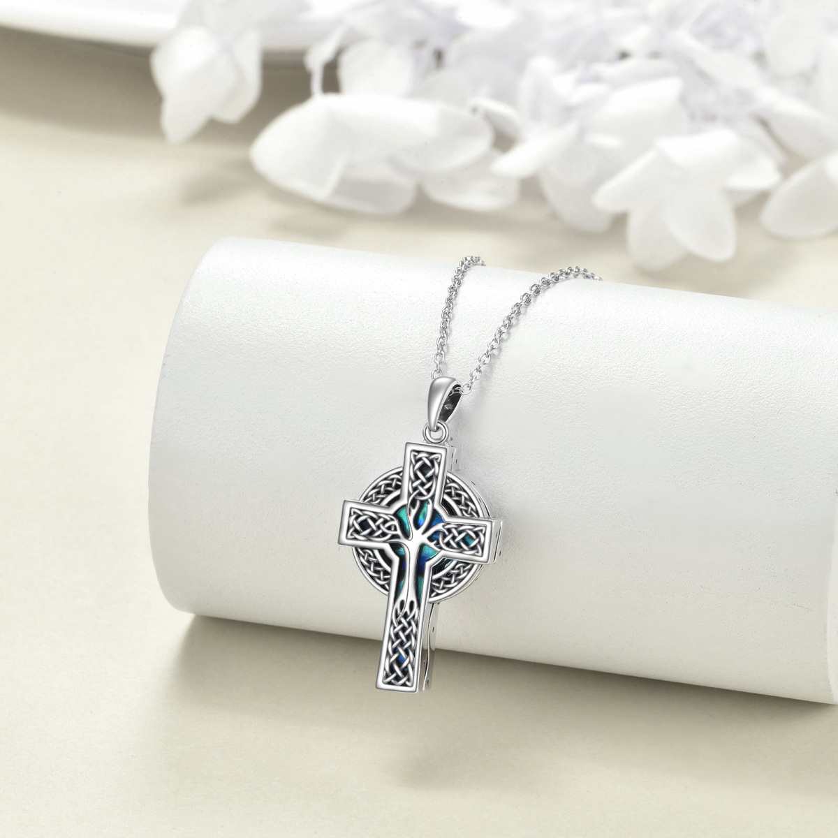 Collana in argento Sterling Abalone Shellfish Celtic Knot Cross Tree Of Life Urn per le ceneri-3