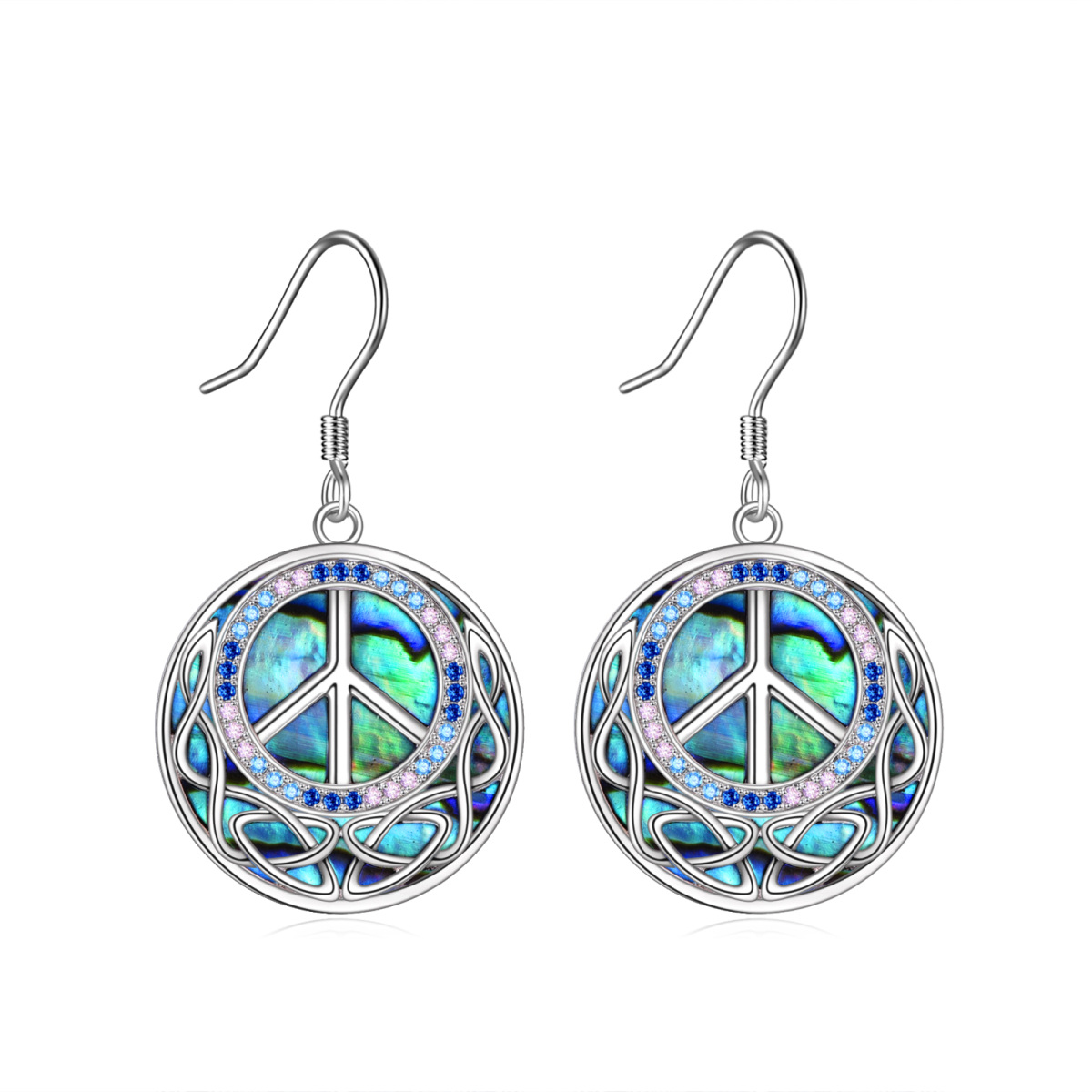 Sterling Silver Abalone Shellfish Celtic Knot & Peace Symbol Drop Earrings-1