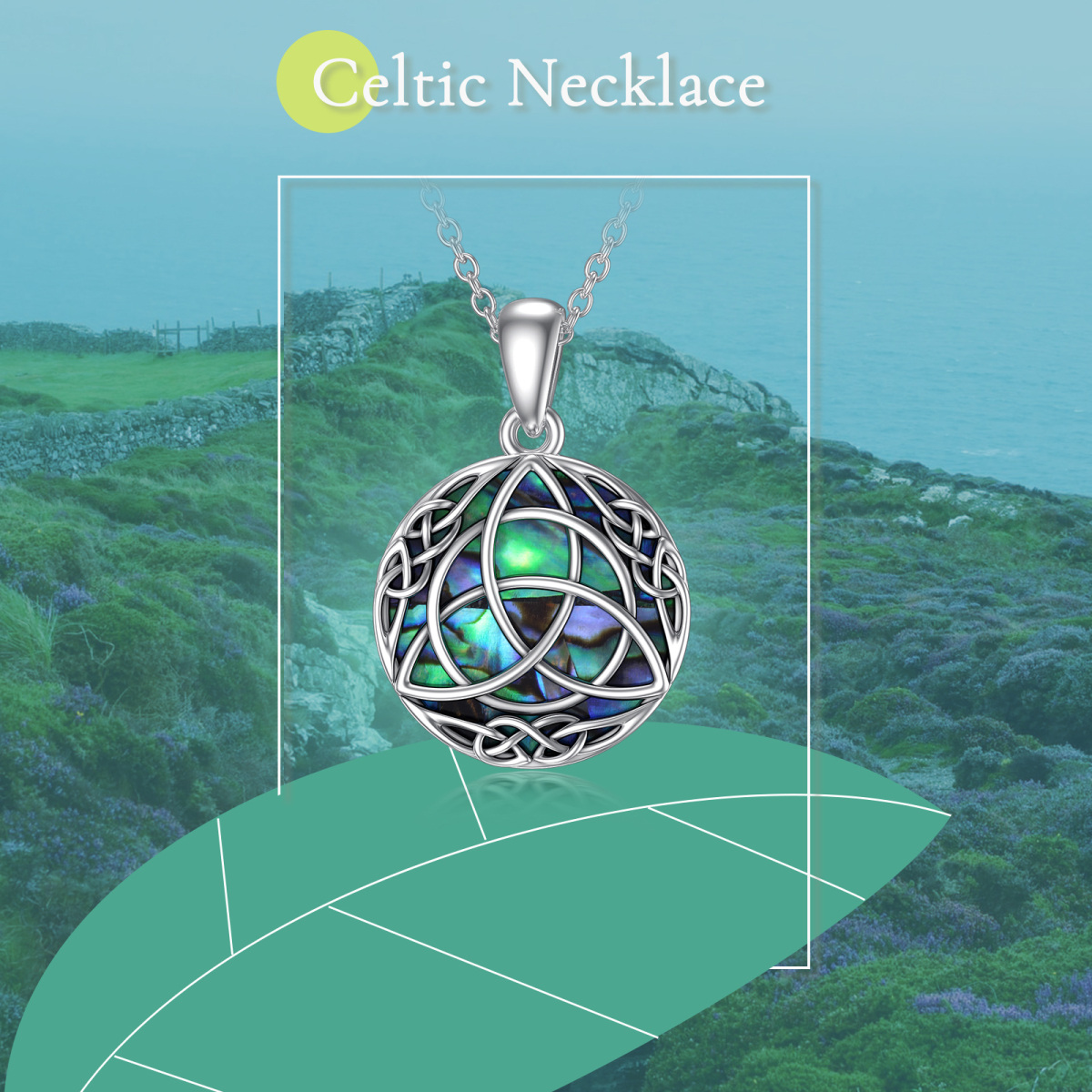 Colar vintage de prata esterlina Trinity Celtic Knot Lucky com concha de abalone simulada-5