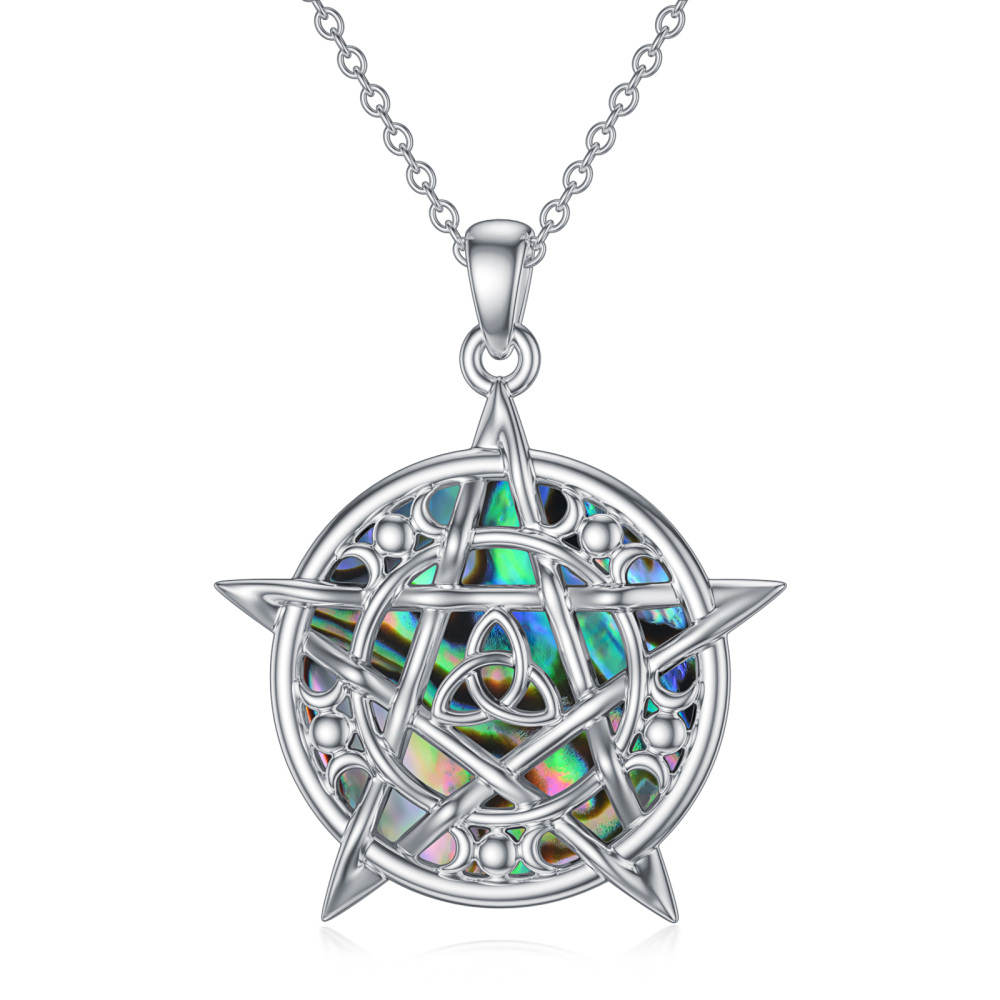 Collana con ciondolo a forma di pentagramma e nodo celtico in argento sterling con molluschi abalone-1