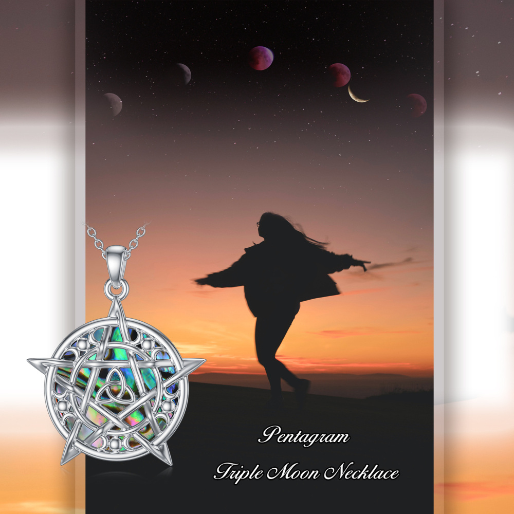 Collana con ciondolo a forma di pentagramma e nodo celtico in argento sterling con molluschi abalone-5