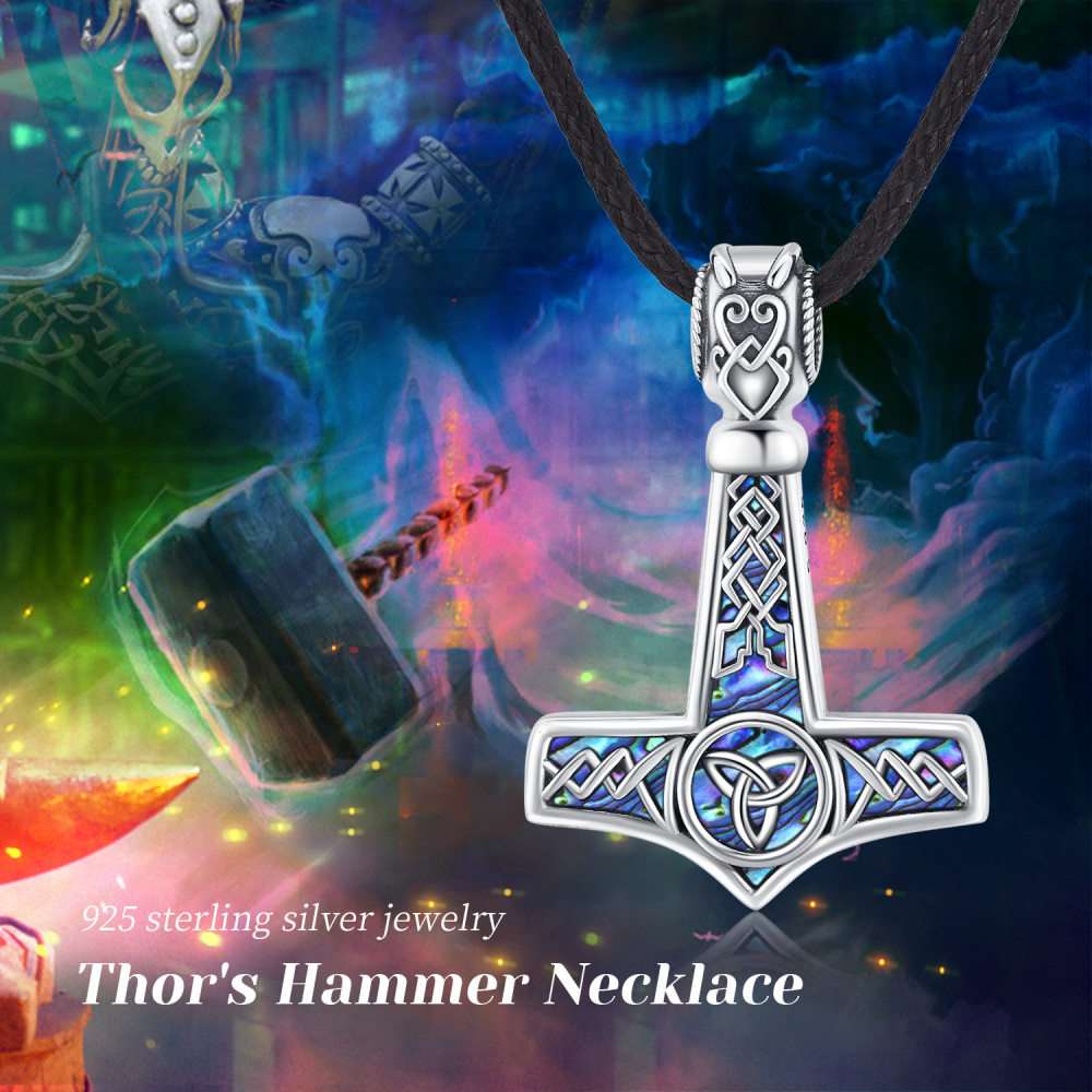 Sterling Silver Abalone Shellfish Celtic Knot & Thor's Hammer Pendant Necklace-6