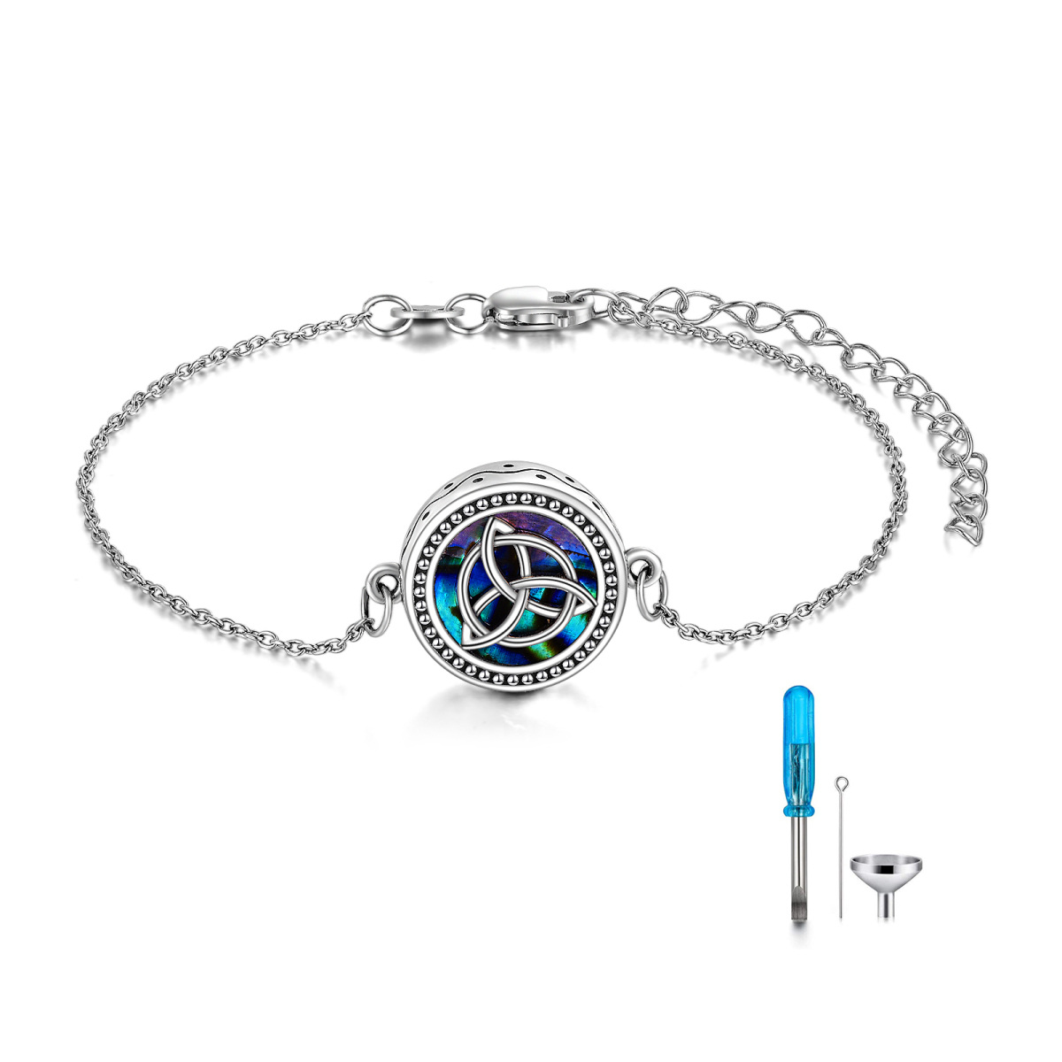 Pulsera de plata de ley con nudo celta de abulón para cenizas con palabra grabada-1